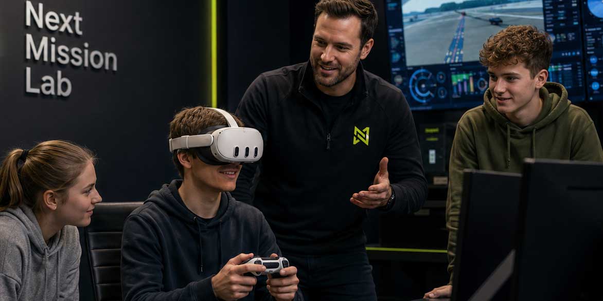 Studenten en een begeleider rond een dronesimulator