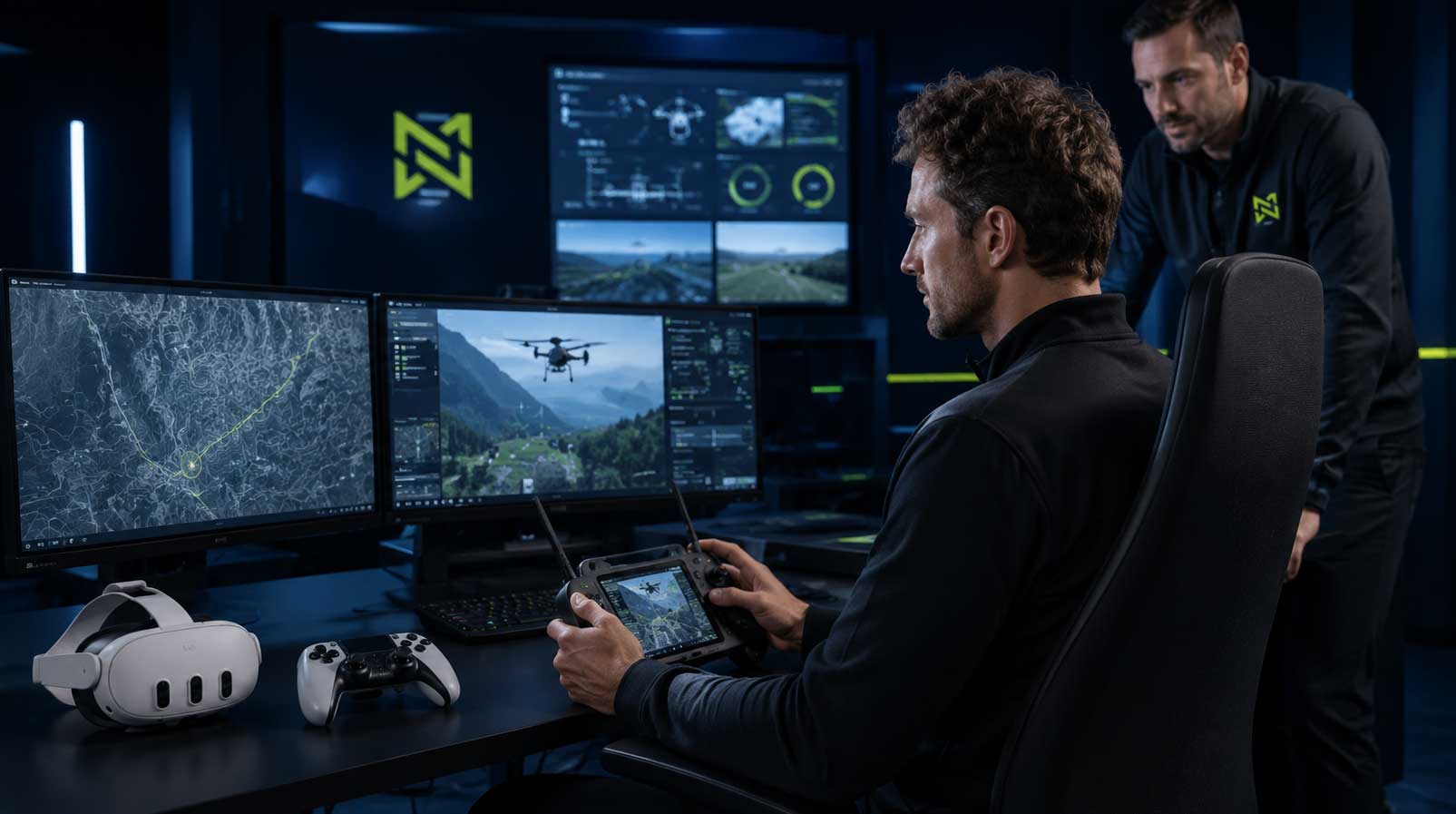Deelnemer bedient een professionele dronesimulator