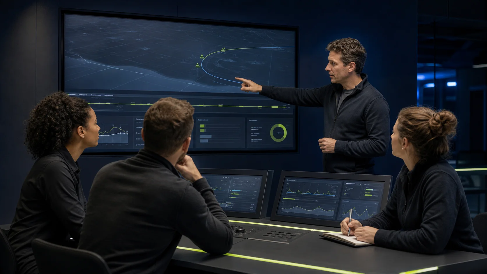 Deelnemers evalueren samen een voltooid simulatiescenario