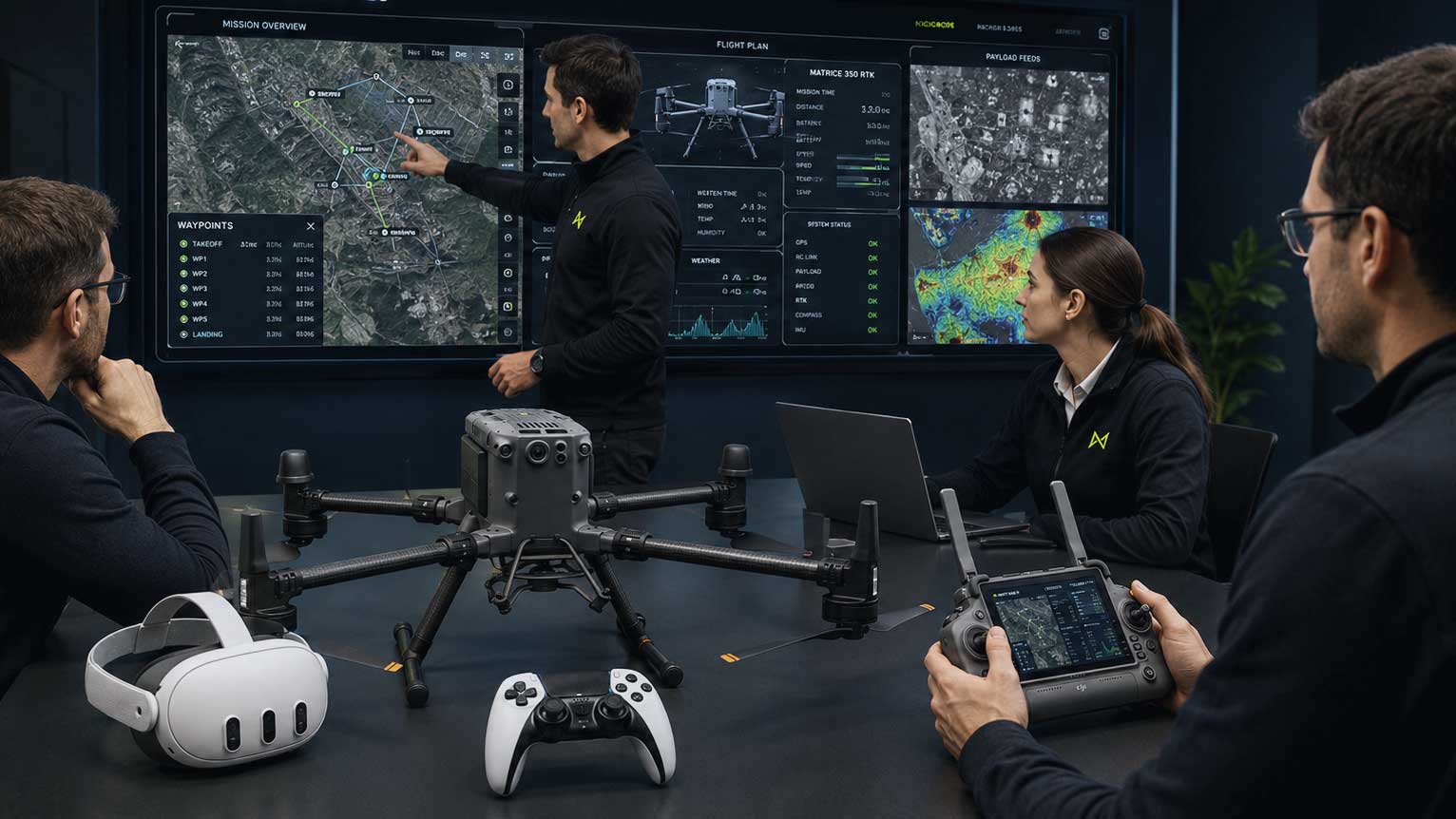 Deelnemers bespreken technische rollen bij een gedeeld missiescherm