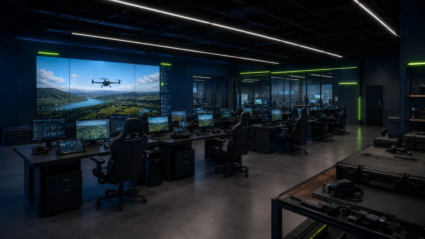 Modulaire Drone Mission Lab-ruimte met simulatorstations en gezamenlijke visualisatie