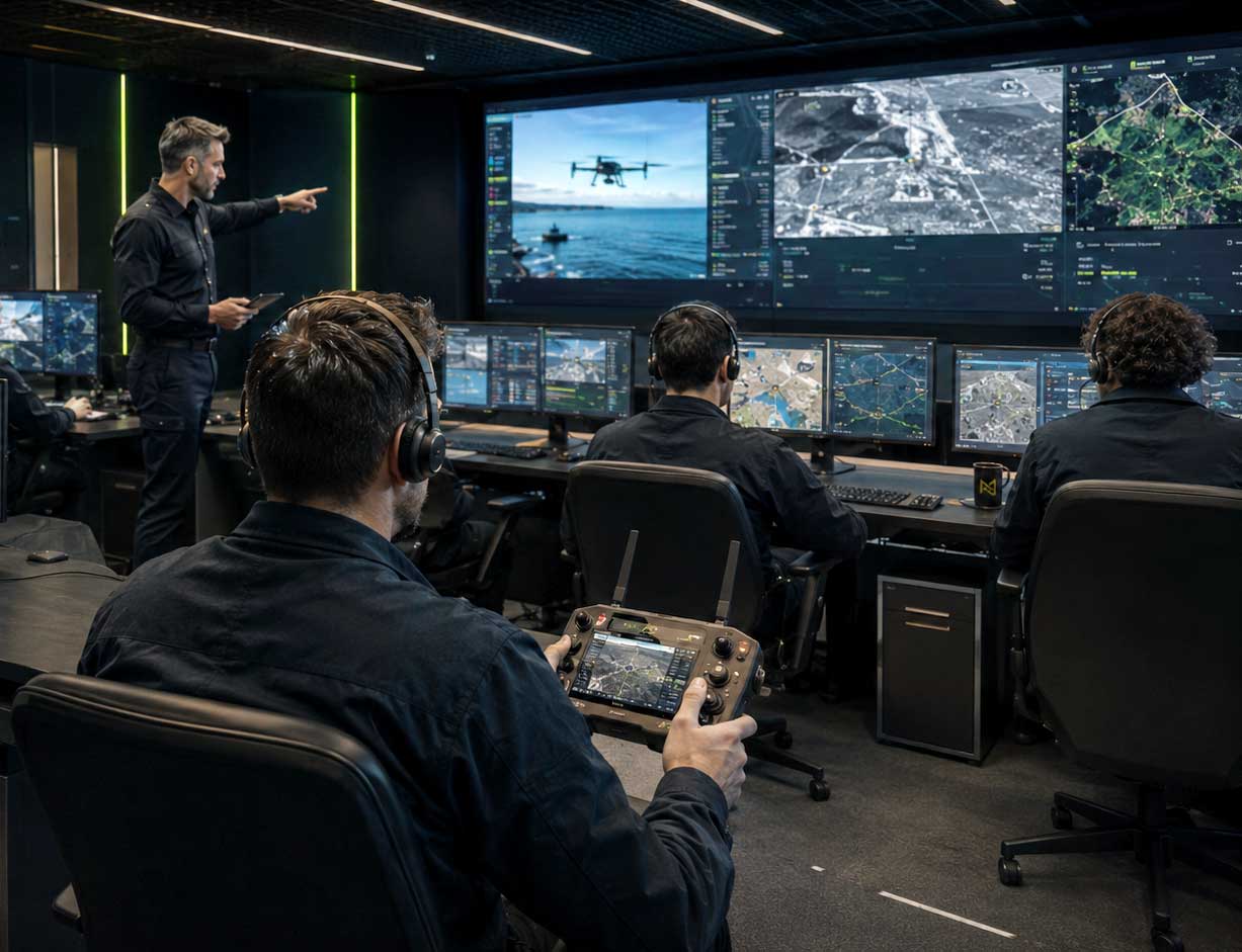 Deelnemer bedient een dronesimulator in een mission-controlruimte