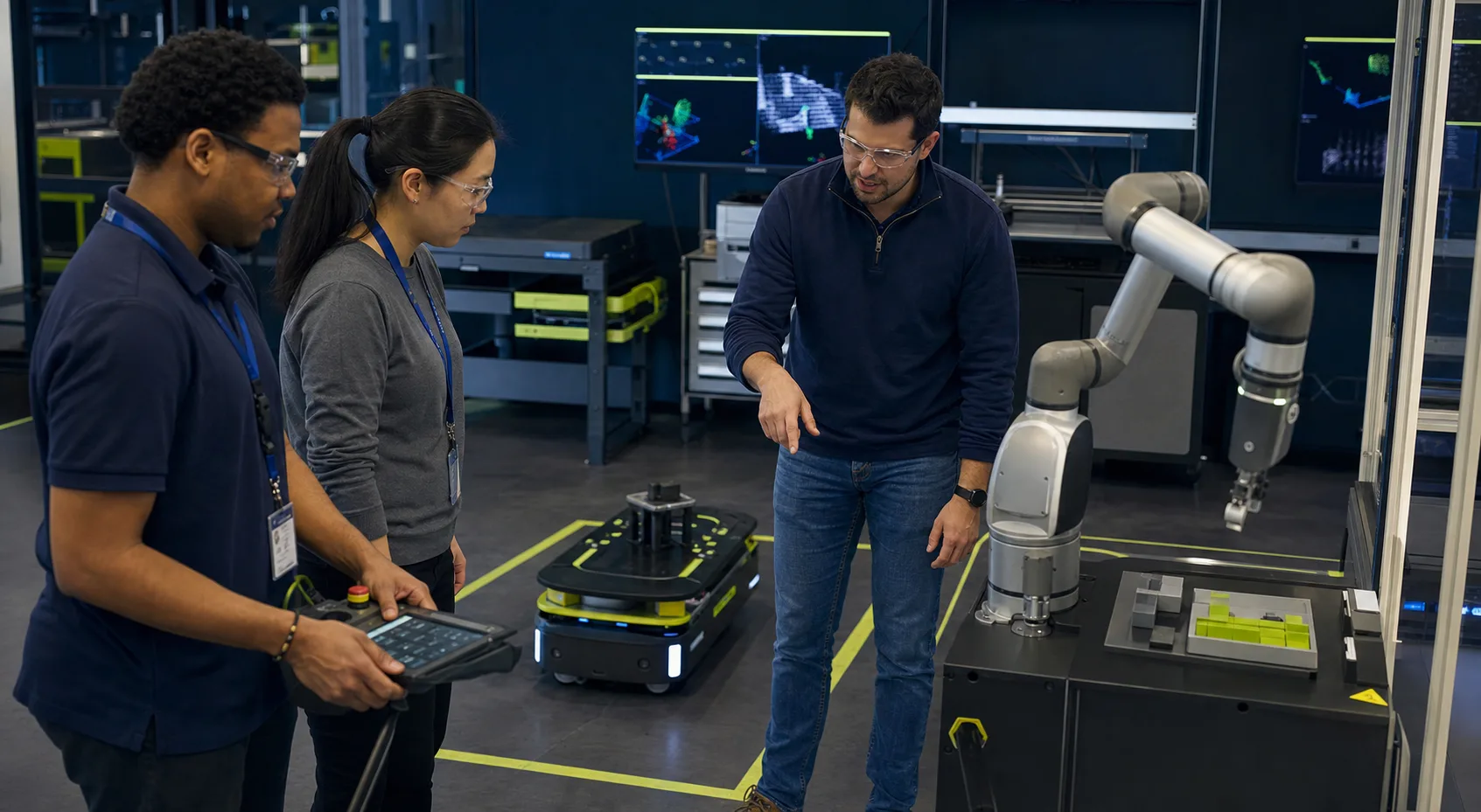 Deelnemers bedienen en observeren een mobiele robot in een begeleide trainingsomgeving