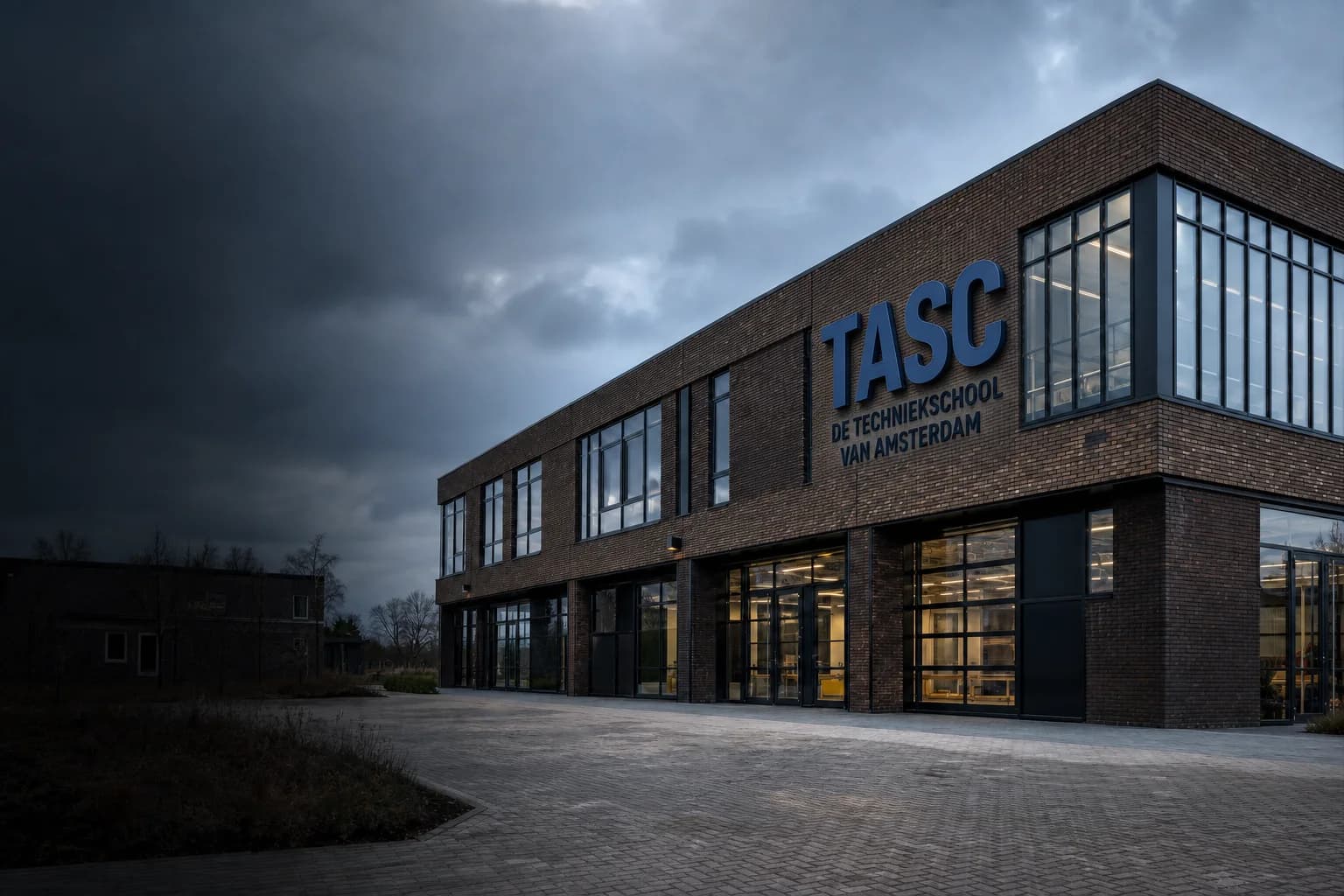 Conceptweergave van een technisch schoolgebouw met TASC-gevelbord